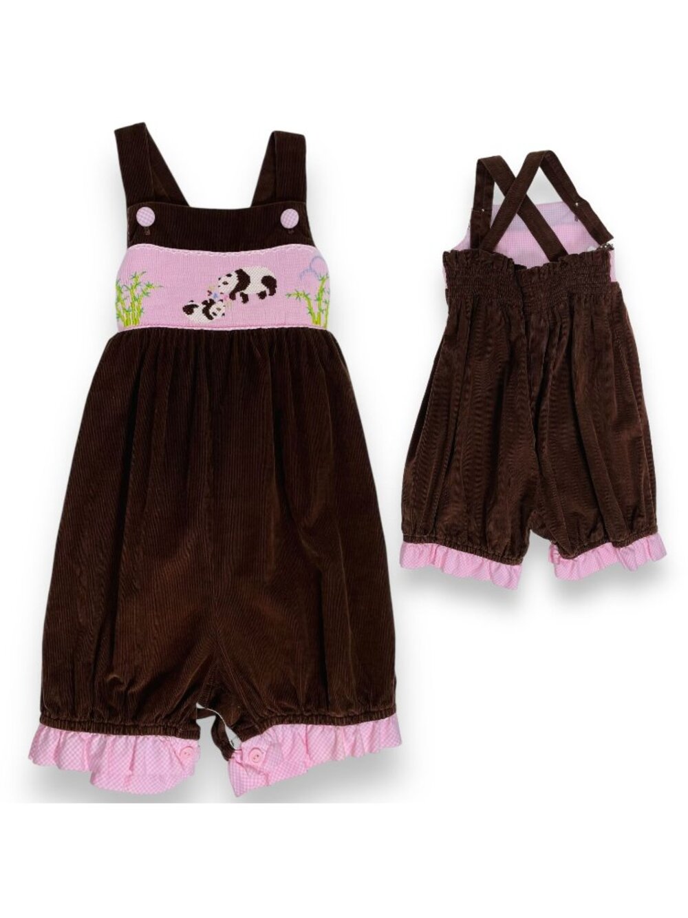 NWT Beaux et Belles Baby Girls Panda Bear Smocked Bubble Romper Outfit 6m / 9m
